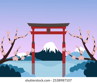 Cena da paisagem - sakura, montanhas contra o pôr do sol. Templo portão, reflexão na água. Paisagem japonesa. Cultura oriental. Ilustração vetorial