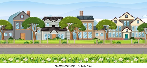 Landscape scene with street and houses  illustration