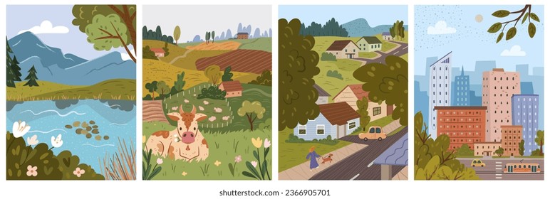 Landscape or scene of suburb or village, city downtown with skyscrapers and building apartment. View on farm and fields, cityscape and nature. Vector illustration in flat cartoon style