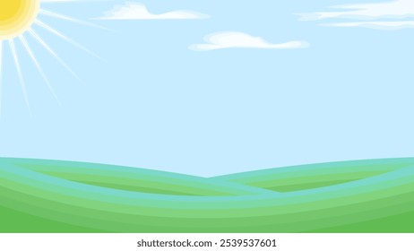 Landscape, scenery, green fields. Sunny day. Environment, ecology, outdoor, agriculture, farm, natural. Vector illustration.Background, banner, card.