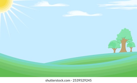 Paisaje, paisaje, campos verdes y árboles. Medio ambiente, ecología, al aire libre, agricultura, granja, natural. Ilustración vectorial. Fondo, tarjeta, Anuncio.