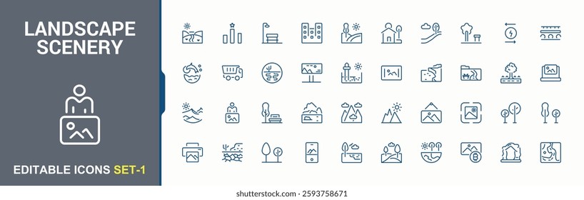 Landscape Scenery icon set. Containing island, river, nature, water, landscape, collection, desert, hill, house. Collection for mobile and web apps. Minimalistic linear icons.