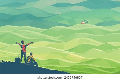 Landscape scenery illustration in a vector of a young couple resting on the top of a hill, admiring the beautiful scenery of numerous hills of agricultural farmland.