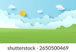 Landscape scenery with mountain and white cloud in summer blue sky background. Nature landscape. Paper cut and craft style illustration