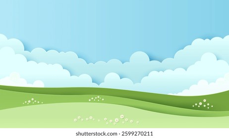Landscape scenery with mountain and white cloud in summer blue sky background. Nature landscape. Paper cut and craft style illustration