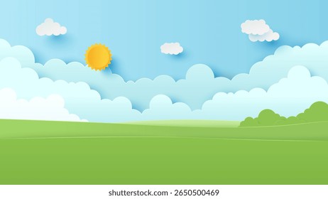 Landschap landschap met berg en witte wolk in de zomer blauwe lucht achtergrond. Natuurlandschap. Papier gesneden en ambachtelijke stijl illustratie