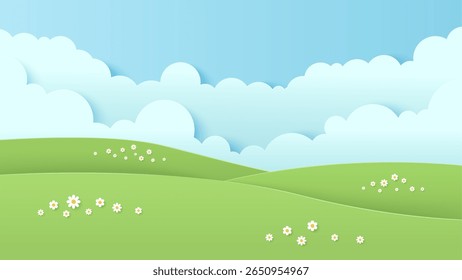 Landschap landschap met berg en witte wolk in de zomer blauwe lucht achtergrond. Natuurlandschap. Papier gesneden en ambachtelijke stijl illustratie