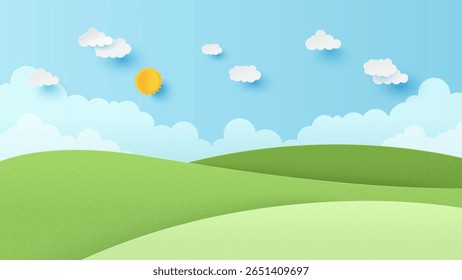 Landschap landschap met berg en witte wolk in de zomer blauwe lucht achtergrond. Natuurlandschap. Papier gesneden en ambachtelijke stijl illustratie