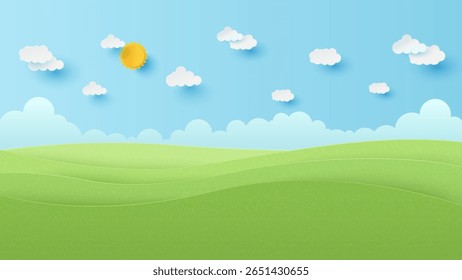 Landschap landschap met berg en witte wolk in de zomer blauwe lucht achtergrond. Natuurlandschap. Papier gesneden en ambachtelijke stijl illustratie
