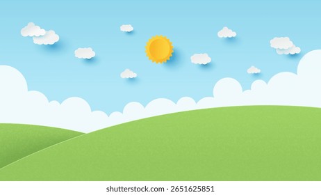 Landschap landschap met berg en witte wolk in de zomer blauwe lucht achtergrond. Natuurlandschap. Papier gesneden en ambachtelijke stijl illustratie