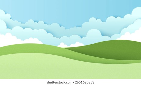 Landschap landschap met berg en witte wolk in de zomer blauwe lucht achtergrond. Natuurlandschap. Papier gesneden en ambachtelijke stijl illustratie
