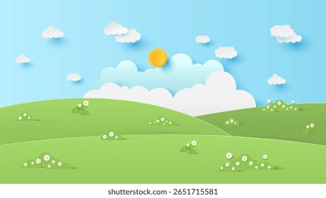 Landschap landschap met berg en witte wolk in de zomer blauwe lucht achtergrond. Groen landschap met blauwe lucht