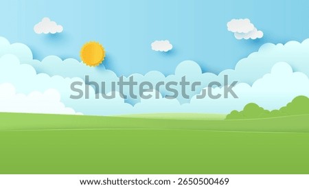 Landscape scenery with mountain and white cloud in summer blue sky background. Nature landscape. Paper cut and craft style illustration