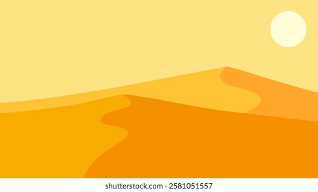 Landscape scenery of sand desert with dunes. Panoramic view of sahara desert at noon with sun and towering dunes. Vector illustration of scenic arid desert with hot weather