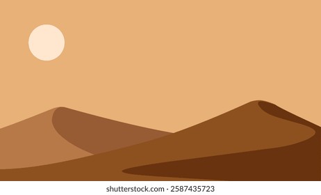 Landscape scenery of sand desert with dunes. Panoramic view of sahara desert at noon with sun and towering dunes. Vector illustration of scenic arid desert with hot weather