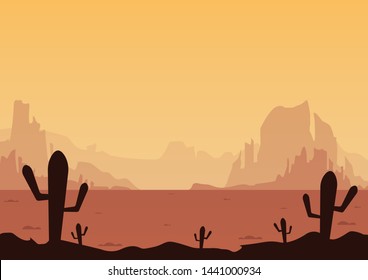 Landscape scenery with silhouette of mountains, hill and cactus in the desert with sunset or sunrise sky. Illustration vector.