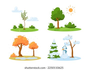 Landscape scenery with trees in four seasons of year - spring, summer, autumn, winter, flat vector illustrations collection isolated on white background.