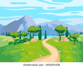 Landscape scenery view, road to mountaines, green meadow, flowers, trees. Rural nature, travel through countryside. Vector illustration