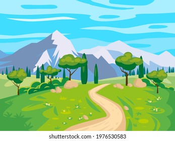 Landscape scenery view, road to snow mountaines, green meadow, flowers, trees. Rural nature, travel through countryside. Vector illustration