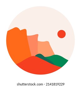 Landscape and scenic nature, rocks and mountains with red sunshine. Isolated tranquil location, traveling or summer trip. Tourism and outdoor activities. Wild scene in dusk. Vector in flat style