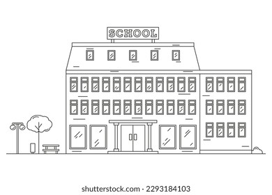 Landscape with a school building drawn with contour lines. Line Art. Editable stroke. Vector illustration.