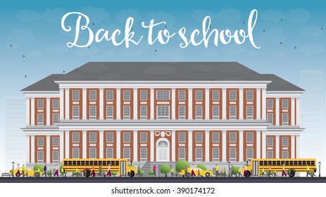 Landscape with school bus, school building and people. Vector illustration. Education concept with part of city life.