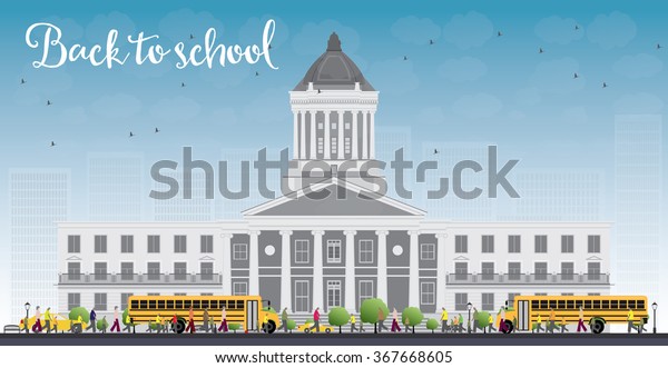 Landscape with school bus, school\
building and people. Vector illustration. Education\
concept.
