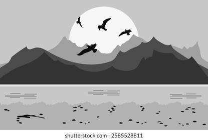 Landscape. Sea, beach, mountains, seagulls against the background of the sun. The silhouette is black and white