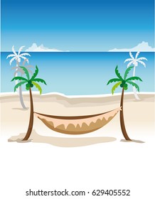 Landscape with sea, coconut trees and even a hammock to relax.