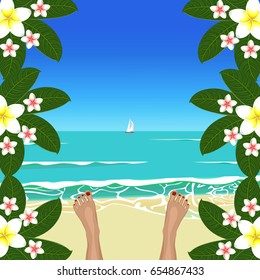 Landscape with sea and exotic flowers.Paradise.Vector illustration.