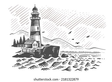 Landscape, sea, lighthouse. Hand drawn vector illustration