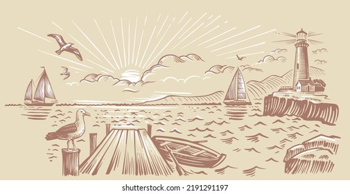 Landscape, sea, lighthouse. Hand drawn vector illustration