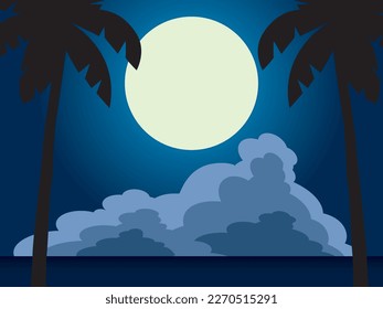 Landscape of sea, moon, clouds and palms