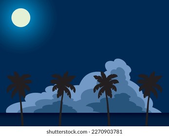 Paisaje con mar, luna, nubes y palmeras