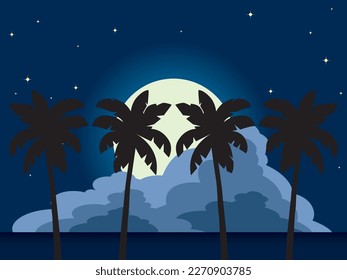 Landscape with sea, moon, clouds, palms and stars