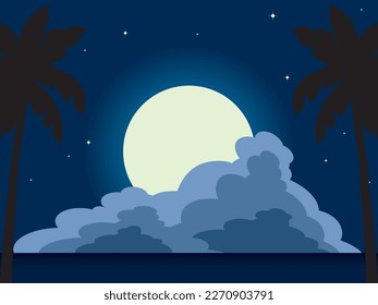 Landschaft mit Meer, Mond, Wolken, Palmen und Sternen
