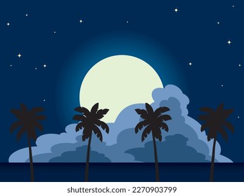 Landscape with sea, moon, clouds, palms and stars
