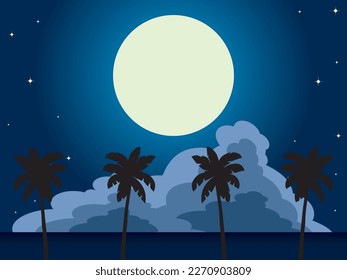 Landscape with sea, moon, clouds, palms and stars