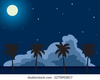 Paisaje con mar, luna, nubes, palmeras y estrellas