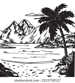 Landscape with sea and palm trees sketch. Summer beach Hand drawn sketch. Summer vacation, vacation, travel concept.