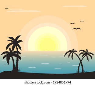 Landscape sea palm trees and sun, vector illustration