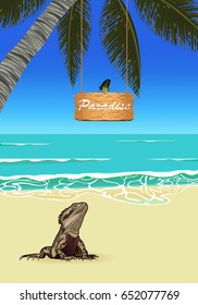 Landscape with sea and palm tree.Surf.Vector illustration.