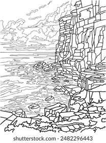 Landscape with sea and rock. Coloring book