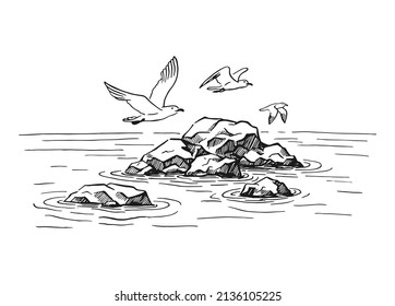 Paisaje, mar, rocas, gaviotas. Ilustración dibujada por mano