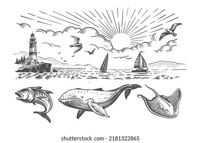 Landscape, sea, sailboat, lighthouse. Hand drawn vector illustration