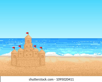 landscape. sea and sand castle. pixel vector illustration. 8 bit