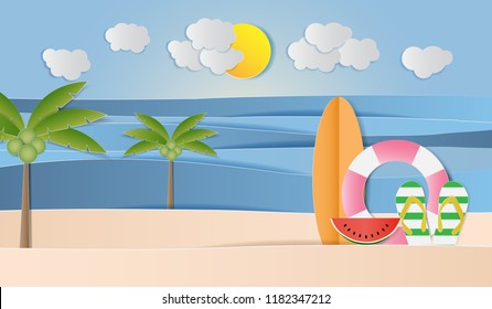 Landscape of sea, sand, sun, sandals, watermelon. Summer holiday background, Paper art style
