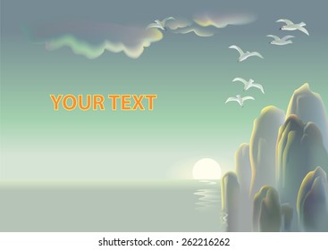 Landscape of a sea with some rocks pointing out of water, vector image