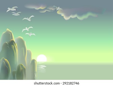 Landscape of a sea with some rocks, vector image. 
