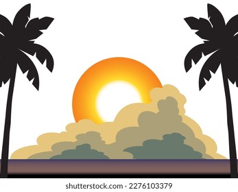 Landscape of sea, sunset, clouds and palms